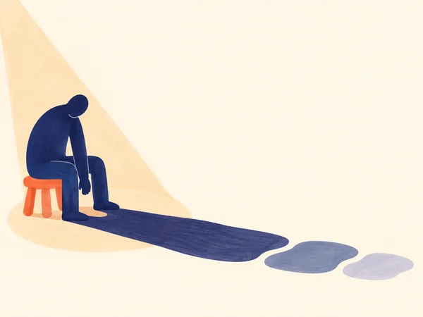 A bowed deep-indigo figure sits on a squat coral stool in a warm-cream space, lit by a pale apricot spotlight; its long shadow stretches right and ends in two…