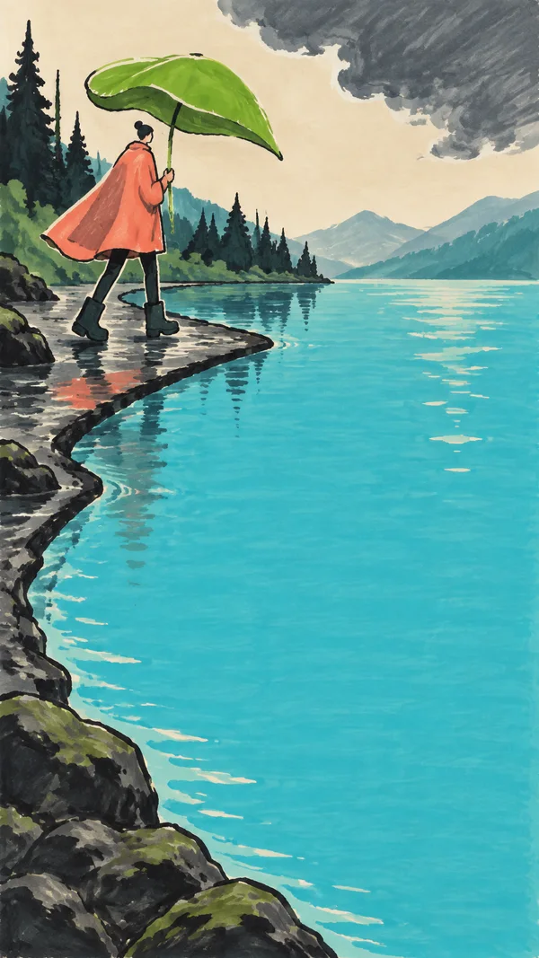 A figure in a coral rain cape walks along a rocky lakeshore, holding a large green leaf overhead like an umbrella.