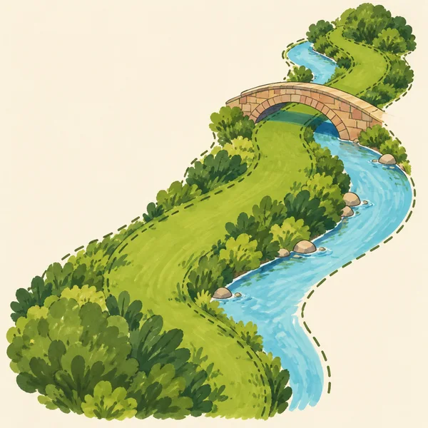 A broad lime-green planted corridor curves beside a pale blue river between dense shrub patches, with a weathered terracotta stone bridge crossing the…