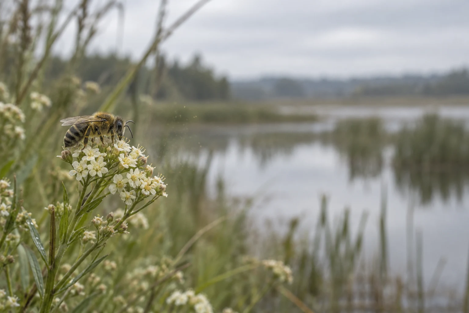 A single banded, tawny-furred bee rests on pale cream wildflowers at the edge of a wetland, with softly blurred reeds and water behind it and open space to the…