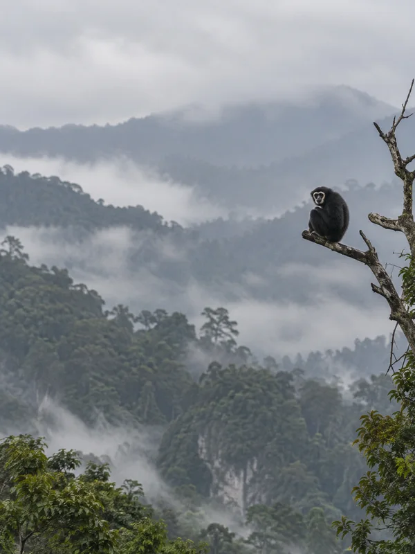 A dark-furred gibbon with a pale face sits on a bare branch at the right of the frame, above a misty rainforest valley with layered green ridges.