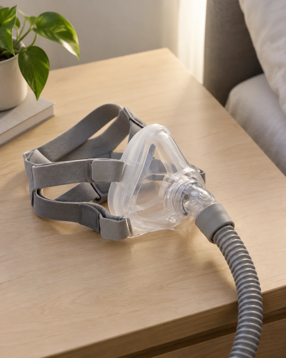 A clear silicone CPAP mask with grey fabric headgear and a corrugated hose rests on a pale wood bedside table, with a potted plant and book at the left and…