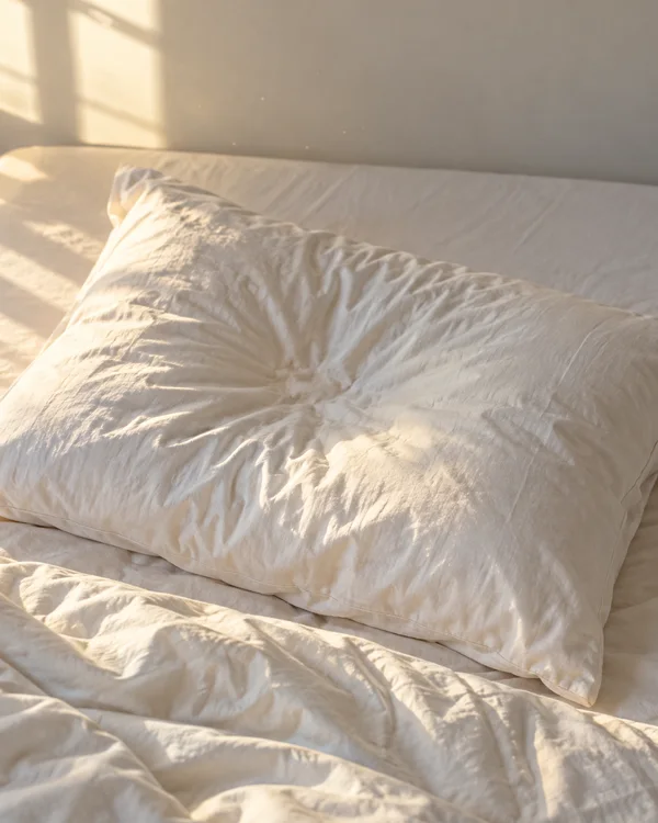 A large off-white cotton pillow lies diagonally across a bed, deeply creased around a central indentation.