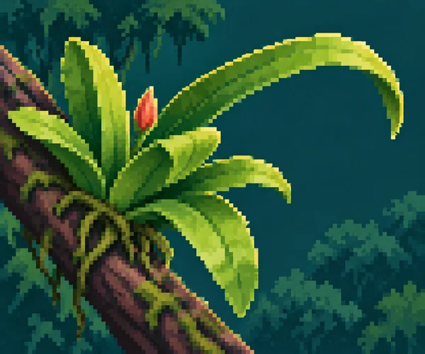 A bright green bromeliad with a small coral bud clings to a thick diagonal brown branch against a deep teal, blocky forest background.