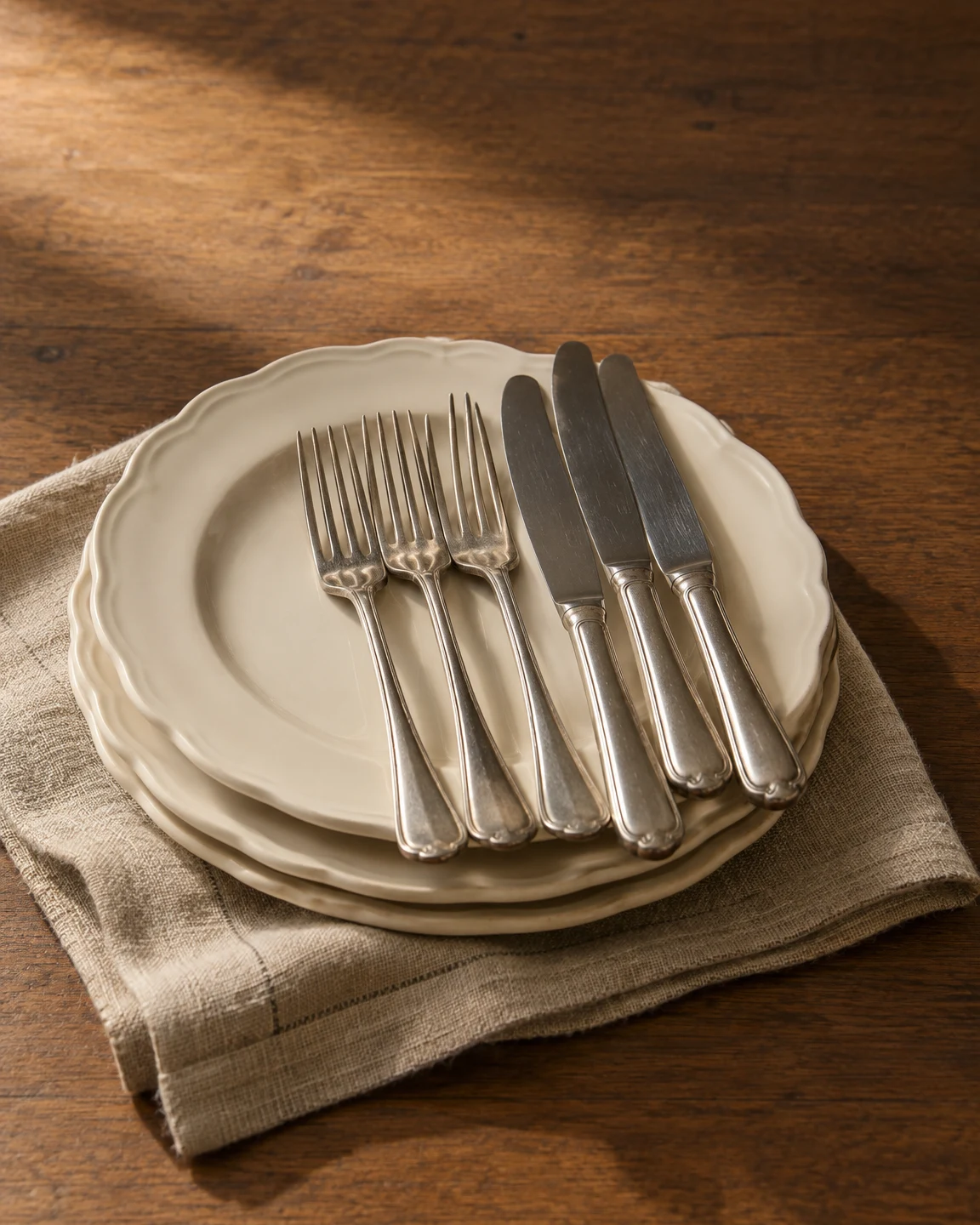 Three cream scalloped plates are stacked on a loosely folded linen cloth on a wooden tabletop, with three forks and three knives laid across the top plate.