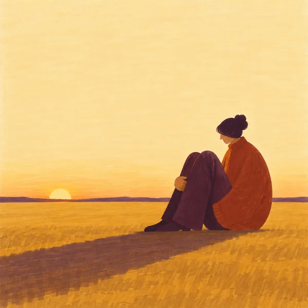 A solitary seated figure in a rust sweater and plum trousers looks left across a golden field at sunset, with a long plum shadow stretching toward the lower…