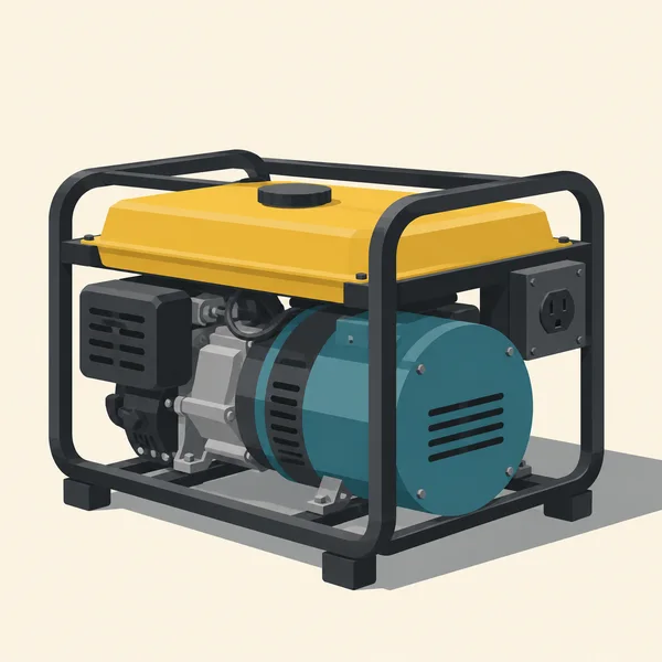 A portable generator with a charcoal tubular cage, yellow fuel tank, dark engine, teal circular alternator housing, and an outlet panel, shown against a warm…