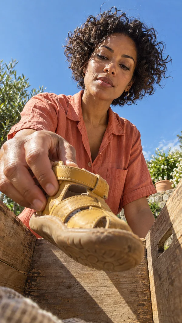 A woman in a coral shirt leans over a weathered wooden crate, holding a mustard-colored leather sandal close to the camera on a sunny patio beneath a clear…