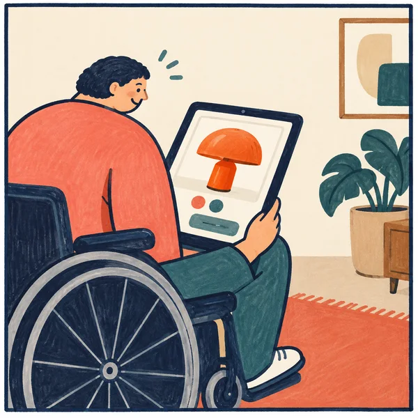 A smiling shopper in a wheelchair holds a tablet displaying an orange mushroom-shaped lamp, with two color swatches and a rounded button; framed art, a potted…