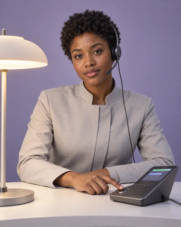 A young adult with short natural curls wears a pale grey jacket and a wired headset while seated at a white desk.