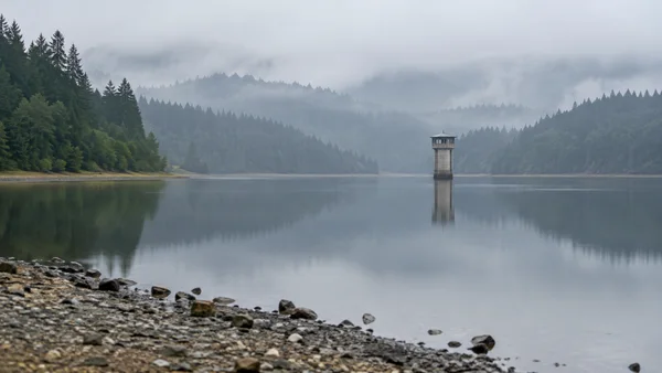 A concrete tower stands slightly right of centre in a calm reservoir, with a soft reflection on the water; gravel and stones line the foreground shore, while…