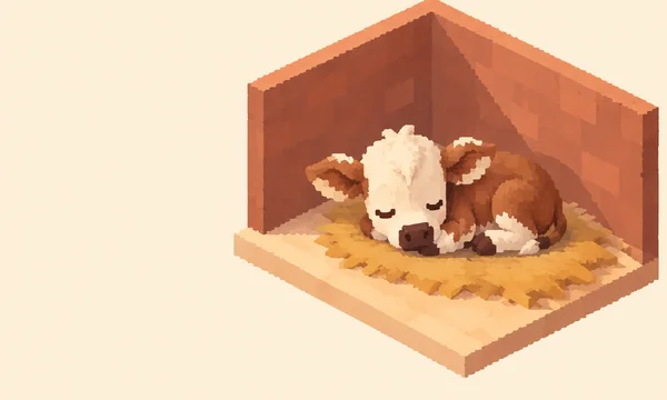 A cream-faced cinnamon-brown calf sleeps curled on golden straw inside an open-front terracotta isometric barn, with the room set against a warm cream…
