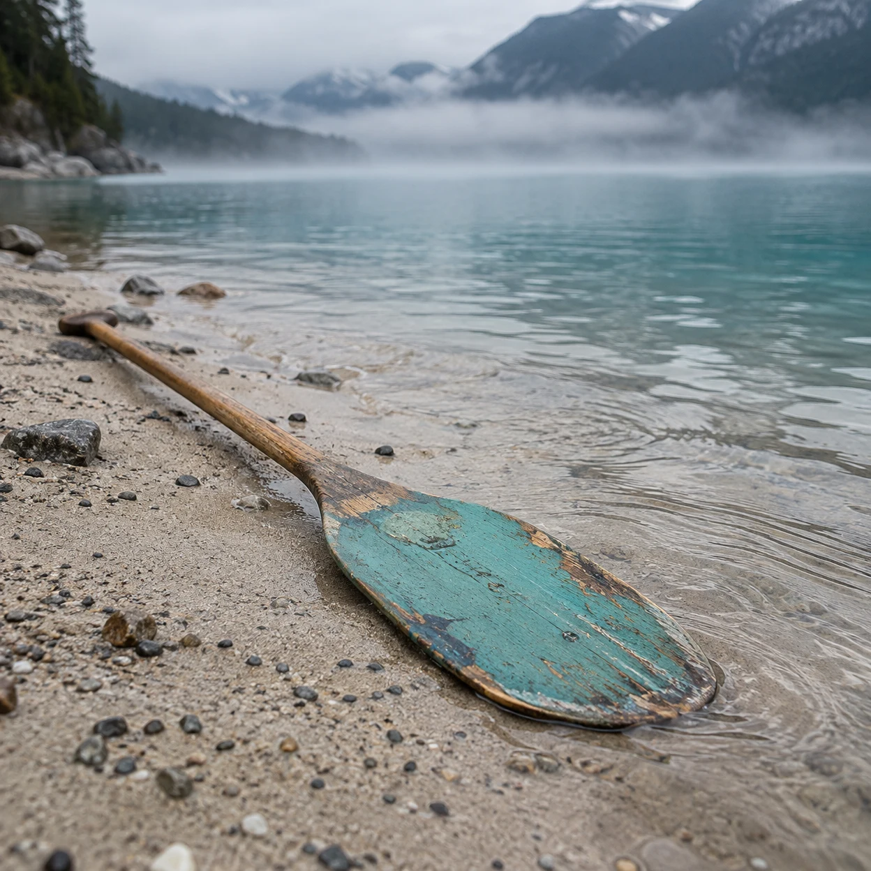 A weathered wooden paddle with a chipped turquoise blade lies diagonally on a sandy, pebbled lakeshore beside rippling water, with mist and mountain slopes in…