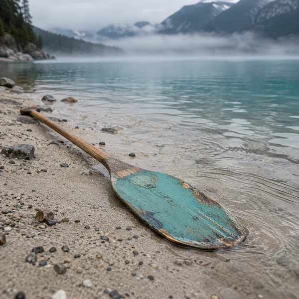A weathered wooden paddle with a chipped turquoise blade lies diagonally on a sandy, pebbled lakeshore beside rippling water, with mist and mountain slopes in…