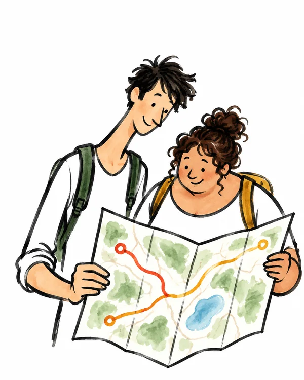 A tall-haired person and a curly-haired person lean together over a large folded map, each holding an edge.