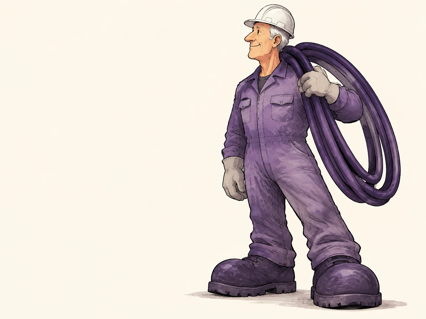 A silver-haired older technician in a white hard hat and purple coveralls stands on a pearl background, carrying a large three-loop purple cable over one…