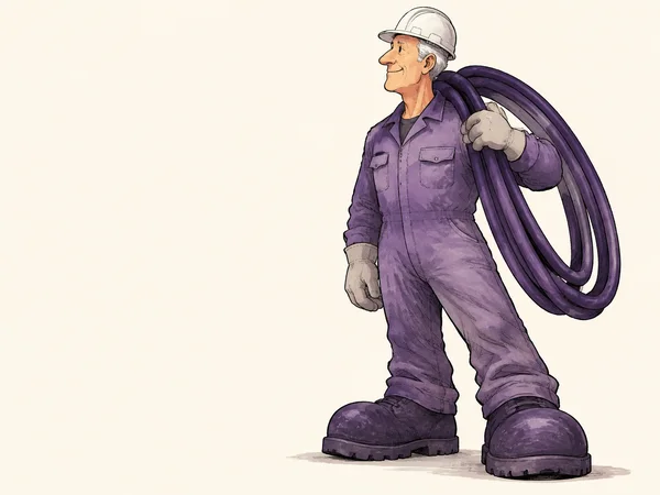 A silver-haired older technician in a white hard hat and purple coveralls stands on a pearl background, carrying a large three-loop purple cable over one…