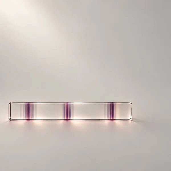A long transparent glass rectangle with beveled edges spans the lower part of a warm grey field, with three plum-toned vertical refractions and soft blush…