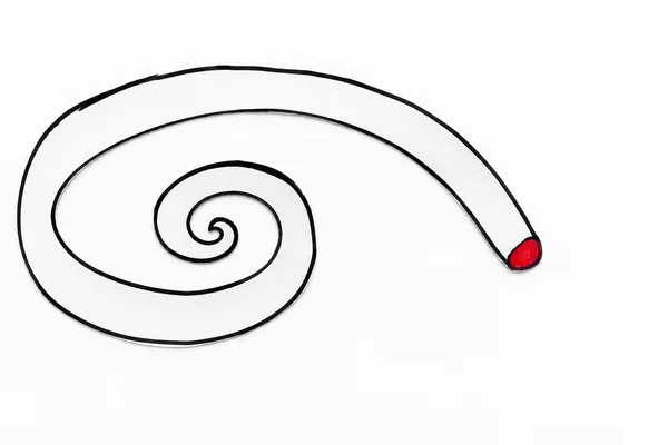 A broad white spiral ribbon outlined in black on a white surface, curling around a tight center and ending in a bright red tip on the right.