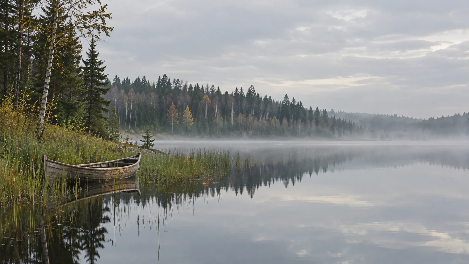 A weathered empty wooden canoe sits among reeds on the left shore of a calm lake, with misty conifer and birch forest beyond and reflections across the water…