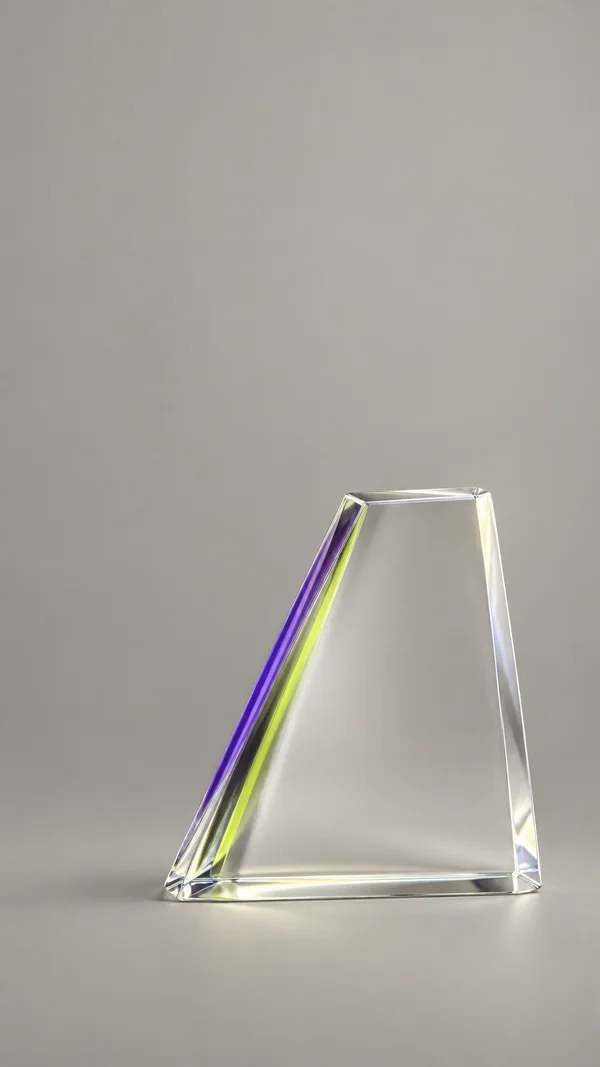 A clear, thick trapezoidal glass form stands against a matte warm-grey background, with violet and yellow-green bands along its slanted left edge and bright…