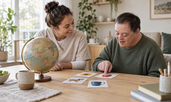 A smiling care worker and an adult resident sit at a wooden table, looking at a globe and picture cards.