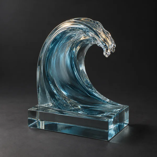 A translucent blue glass sculpture shaped like a curling ocean wave rises from a rectangular glass base on a dark charcoal surface, with gold-toned reflections…