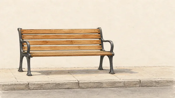 A honey-brown wooden slat bench with dark cast-iron supports and curved armrests stands on a pale stone sidewalk beside a curb, rendered in sepia ink and muted…