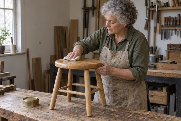An older woman with short grey curls buffs the wooden seat of a stool with a folded cloth in a furniture workshop, steadying the seat with her other hand.