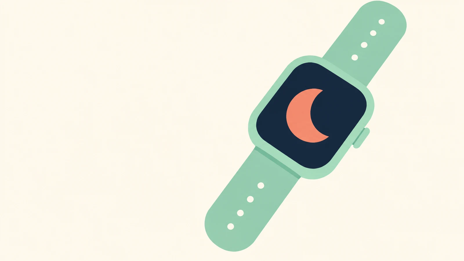 A large mint smartwatch lies diagonally across the right side of a warm ivory background, with a midnight-navy screen showing a coral crescent and open space…