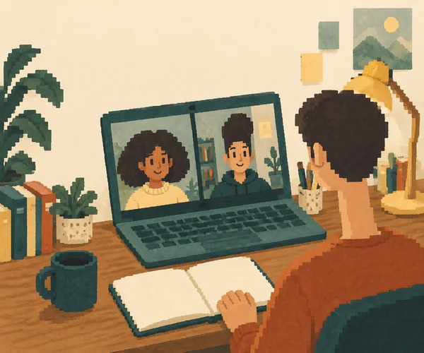 A student in a rust-orange top sits at a wooden desk, seen from behind, with a teal laptop showing two study partners on a video call and an open blank…