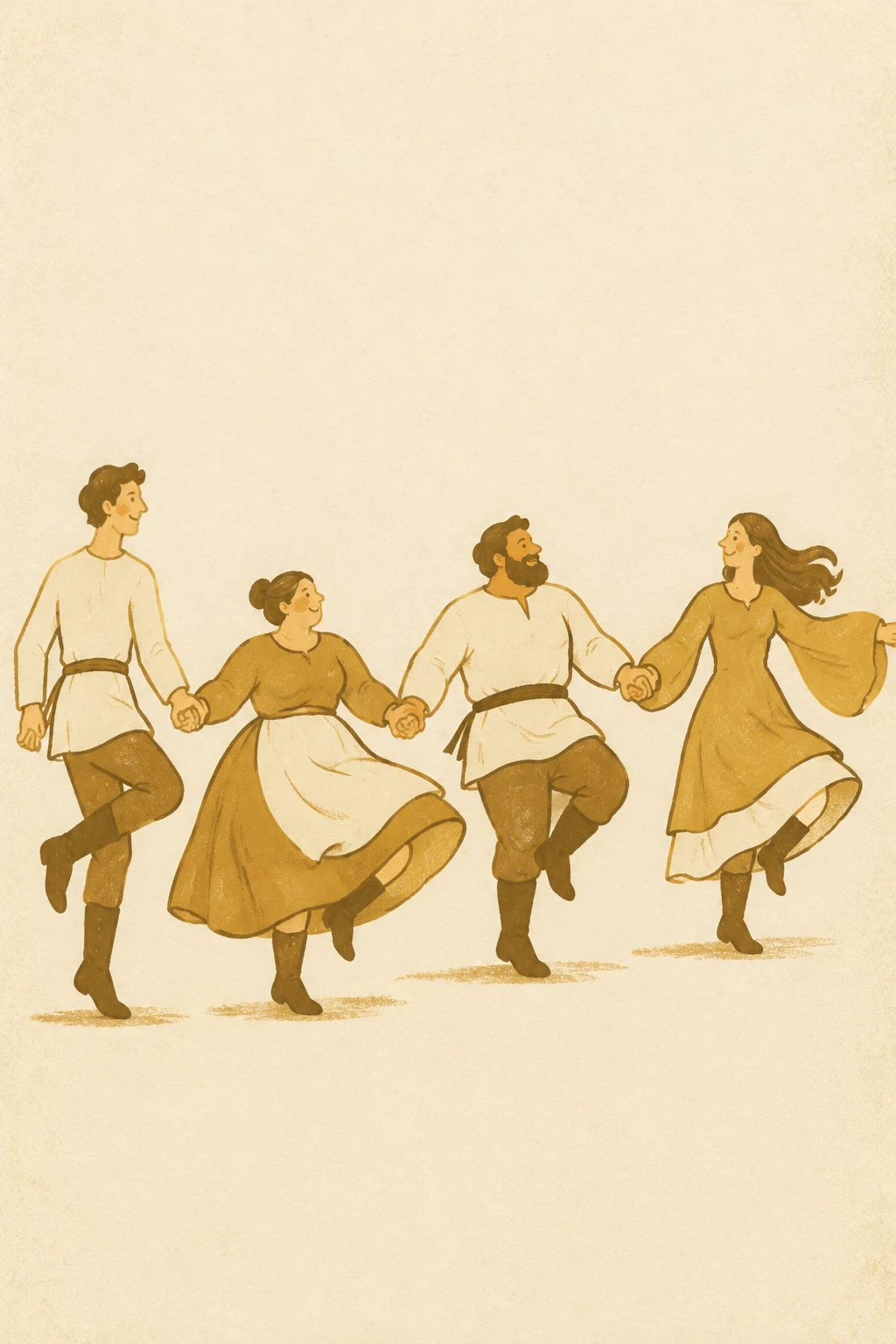 Four folk dancers in ochre and ivory tunics and skirts hold hands in a line, lifting bent legs as their garments swing against textured ivory paper.