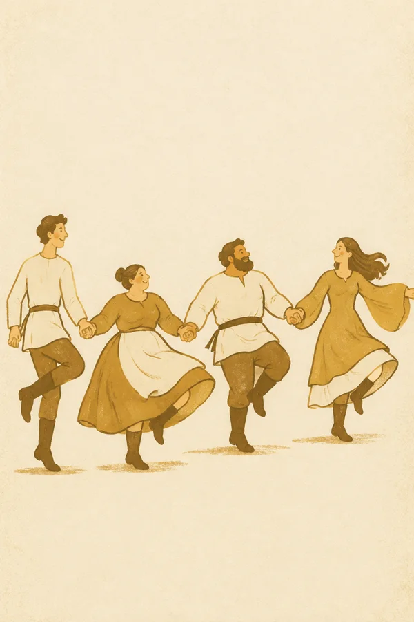 Four folk dancers in ochre and ivory tunics and skirts hold hands in a line, lifting bent legs as their garments swing against textured ivory paper.