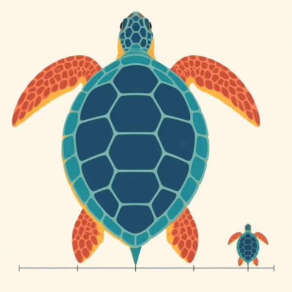 A large turquoise sea turtle is shown from above, facing upward, with a much smaller matching turtle to its right.