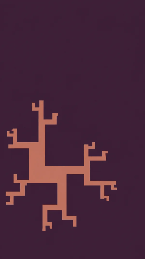 A muted terracotta, connected branching shape with square-ended right-angle arms sits in the lower half of a deep aubergine portrait composition, leaving large…
