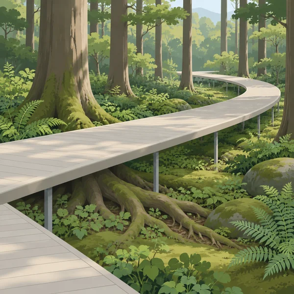 A pale raised boardwalk curves through a dense green forest, supported by slender posts above exposed tree roots, moss, and low plants.