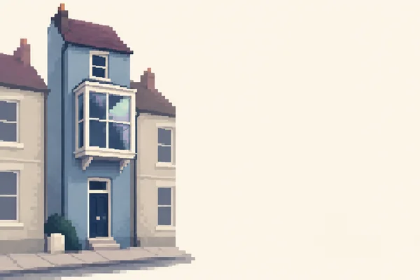 A narrow dusty-blue terraced house with a projecting upper bay window and small dark front door stands between pale adjoining façades; the buildings sit on a…