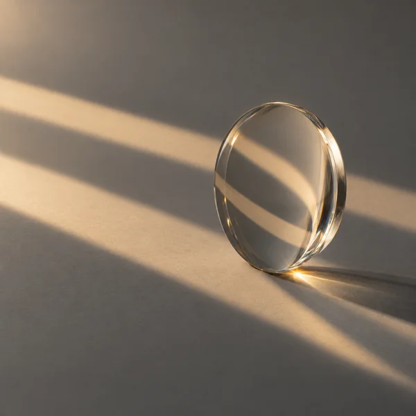 A clear circular glass lens stands on its edge just right of center on a warm-gray surface, with diagonal amber-lit shadow bands crossing the scene and a…