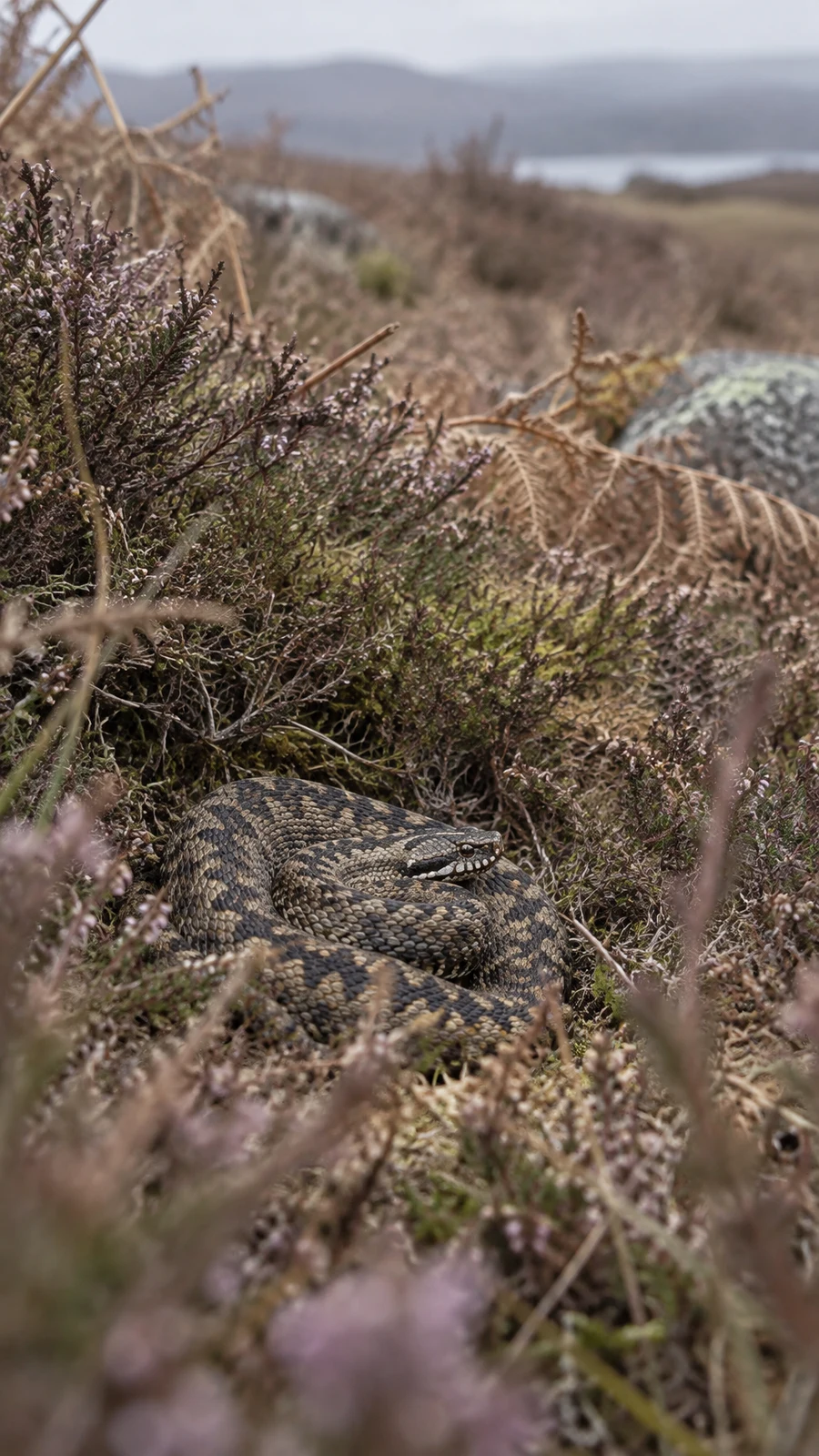 A dark, patterned snake lies coiled among purple heather and dry bracken, with its head resting on its body.