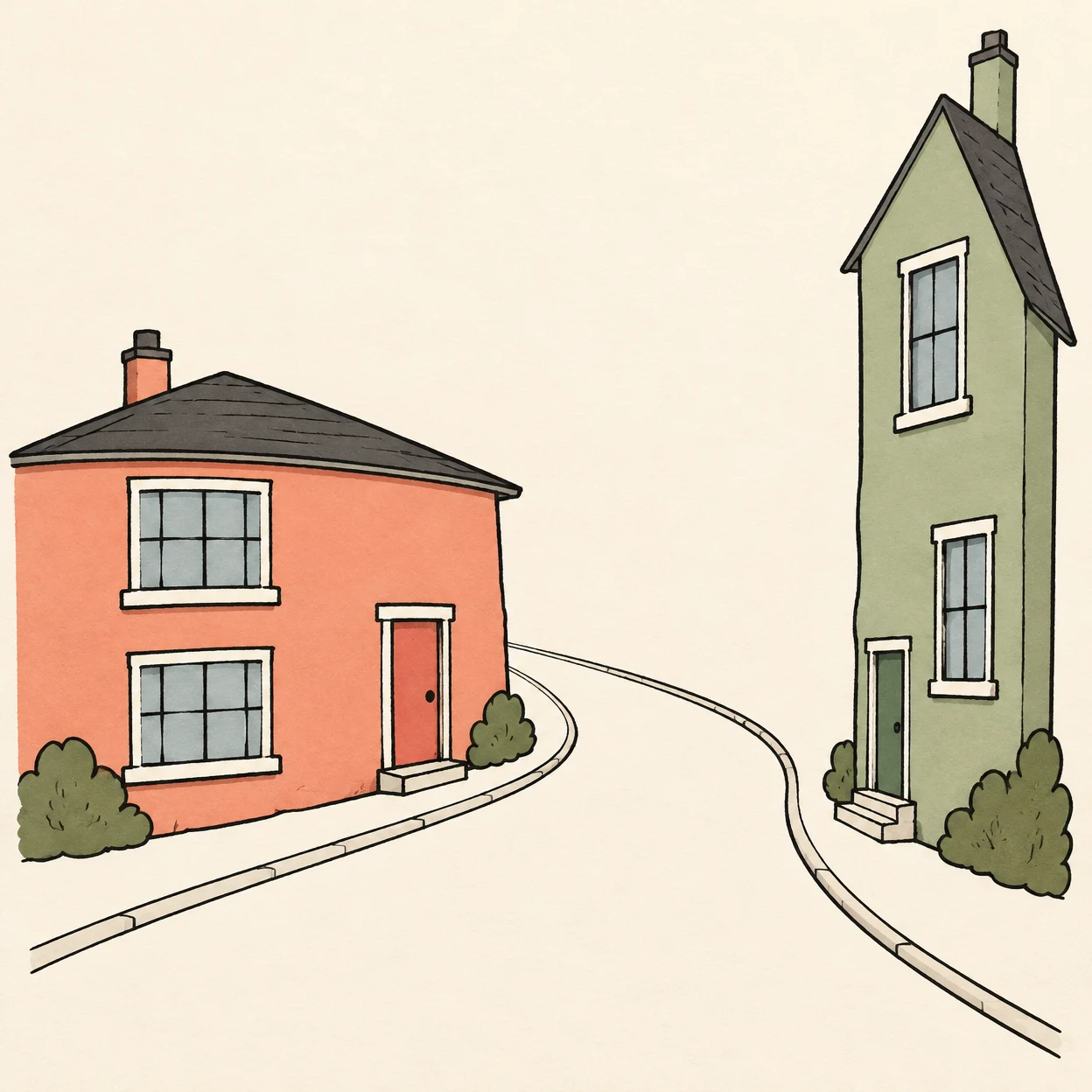 A coral house and a tall sage-green house face each other across a curving, mostly unfilled residential lane, illustrated with black ink outlines on warm ivory…