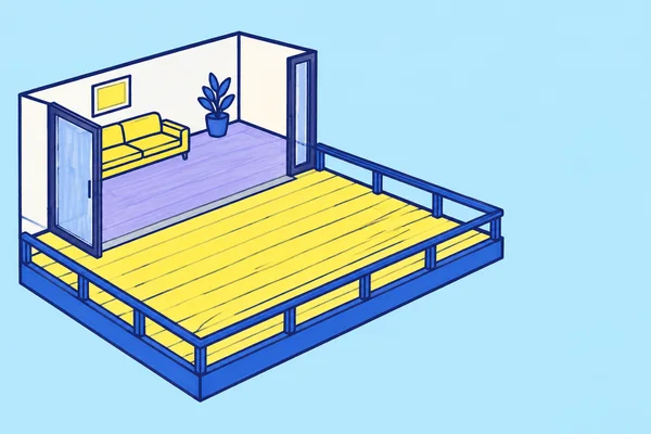 A hand-drawn cutaway illustration of an indoor room opening onto a broad yellow balcony, with a silver-grey sill, blue railing, sofa, plant and two door panels…