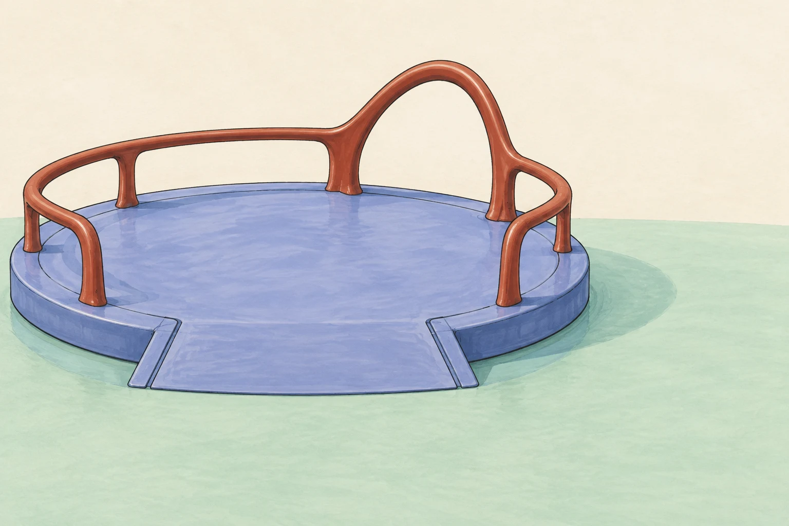 A periwinkle circular playground roundabout with a broad front opening and rust-coloured curved grips sits on mint paving against a warm cream background; one…