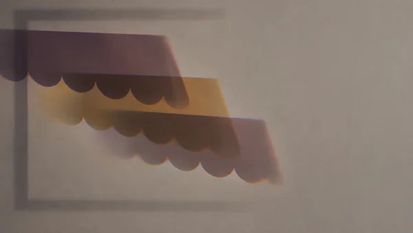 Three overlapping plum and ochre forms with scalloped lower edges stretch across a warm-grey field, with a faint rectangular shadow behind them and open space…