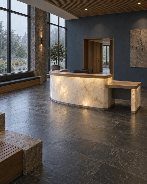 A curved, backlit stone reception desk with a wood countertop stands in a slate-floored lobby with blue-gray walls, tall rain-speckled windows, a built-in…