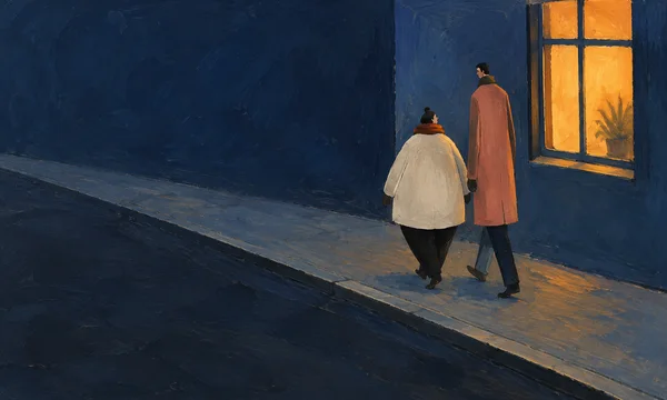 Two friends in coral and ivory coats walk along a blue pavement beside a large amber-lit window in an indigo wall, with open dark-blue space across the left…