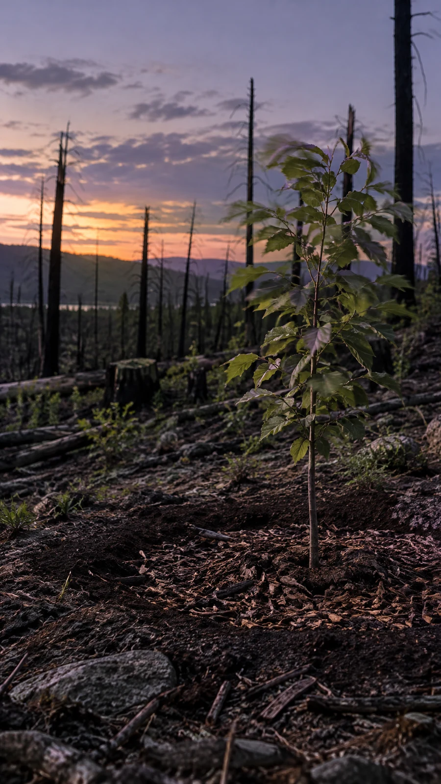 A young leafy sapling stands in dark, wood-chip-strewn soil at a fire-scarred woodland site, with bare trunks silhouetted against a muted sunset sky.