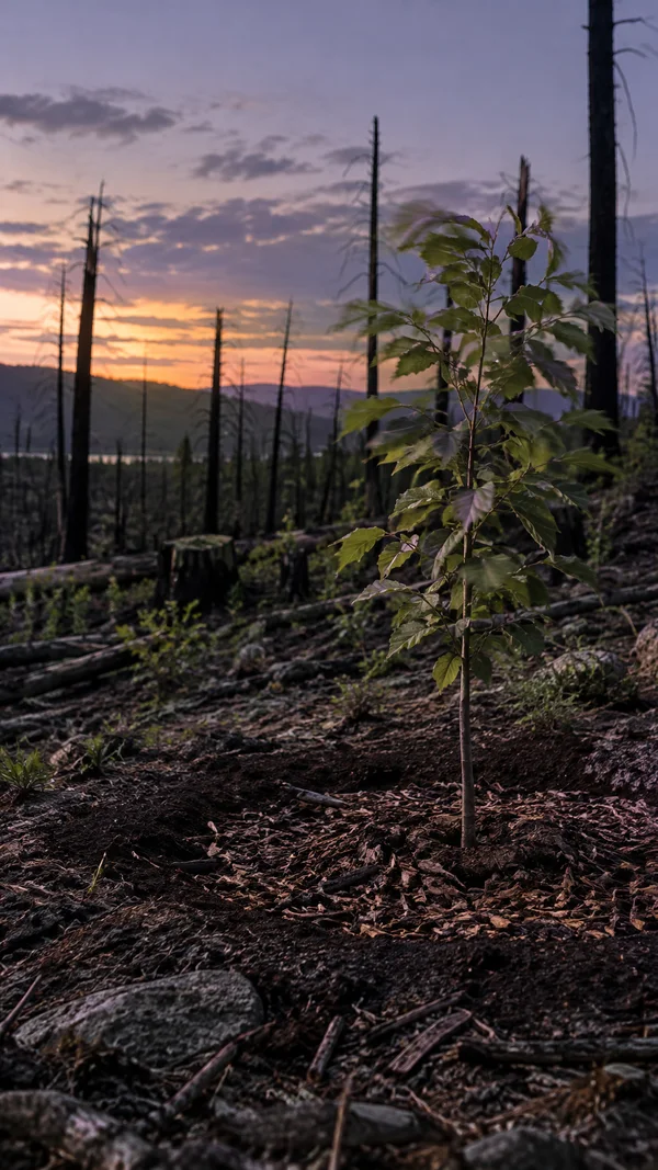 A young leafy sapling stands in dark, wood-chip-strewn soil at a fire-scarred woodland site, with bare trunks silhouetted against a muted sunset sky.