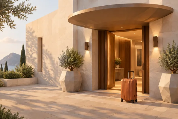 A terracotta rolling suitcase stands on sand-colored paving outside an amber-lit boutique-hotel entrance with cream stone walls and a broad sculptural canopy…