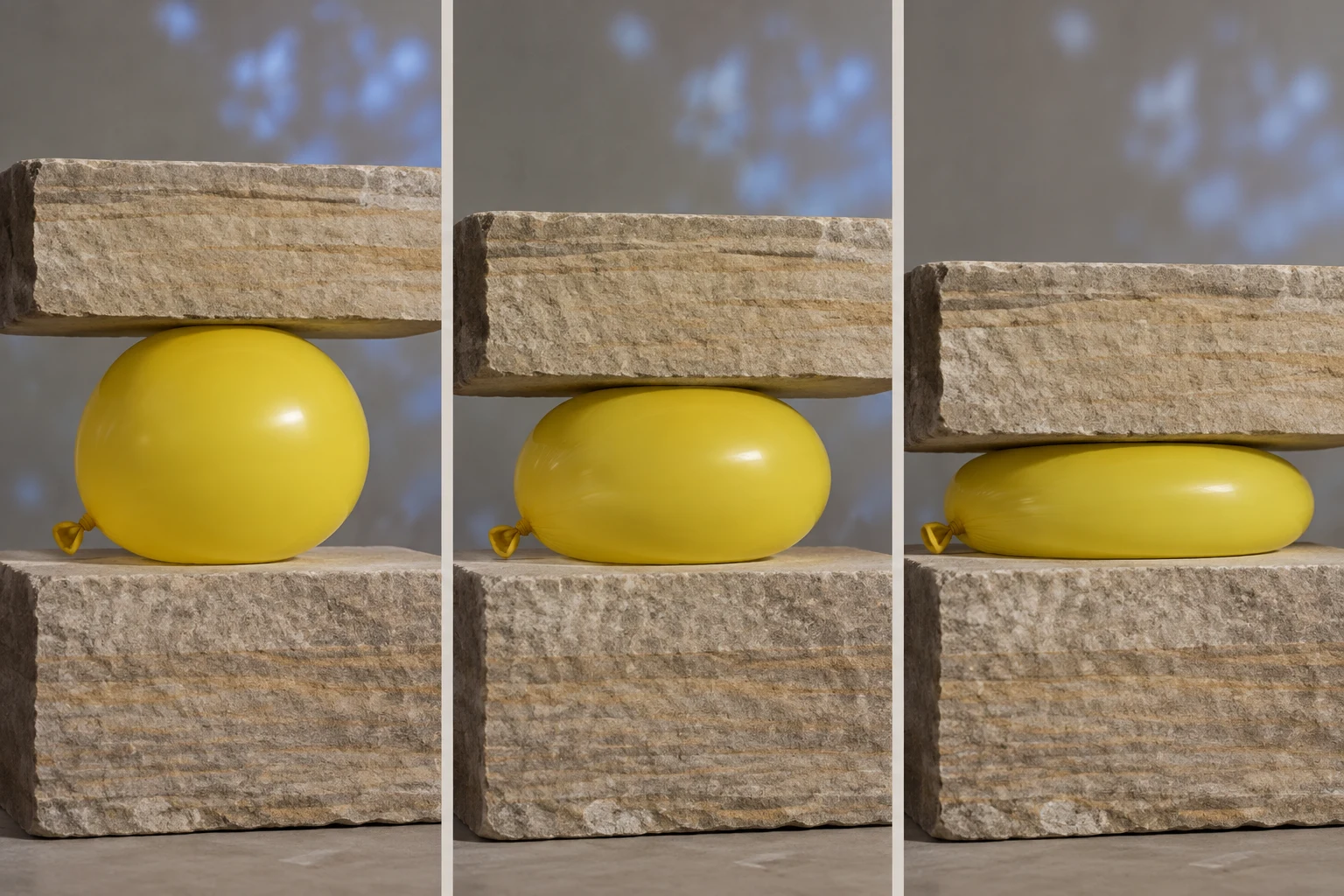 A three-panel studio sequence shows a yellow balloon beneath a sandstone slab, progressing from nearly round to moderately compressed to flattened while…