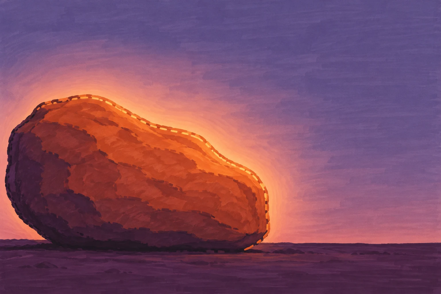 A broad, low terracotta boulder sits on plum ground beneath a peach-orange glow, against a muted violet dusk with open space to the right.